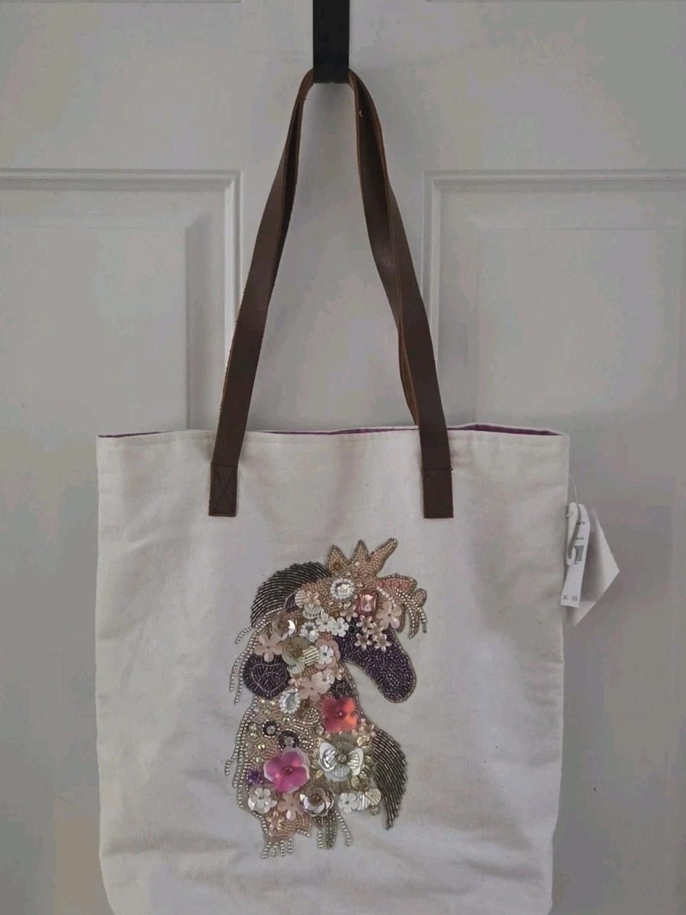 Cracker Barrel Jeweled Unicorn Horse Canvas Bag Leather Strap Snap New NWT